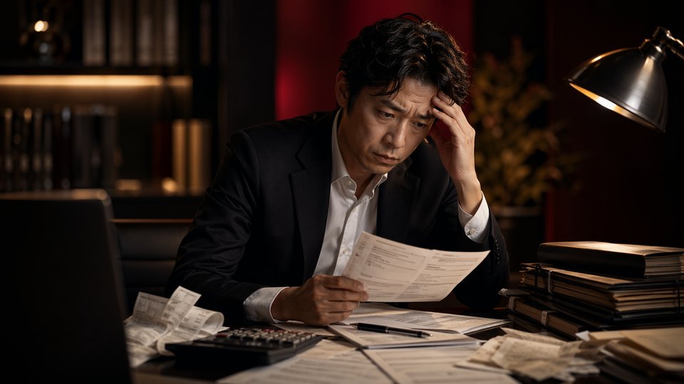 申告や税金の書類を前に悩んでいる人